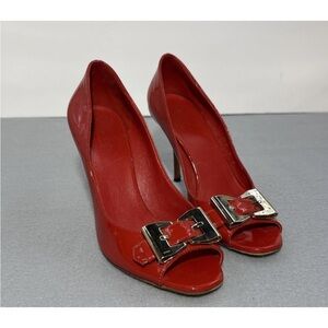 Gucci Red Peep Toe Patent Leather Buckle Logo Pump Size 7B